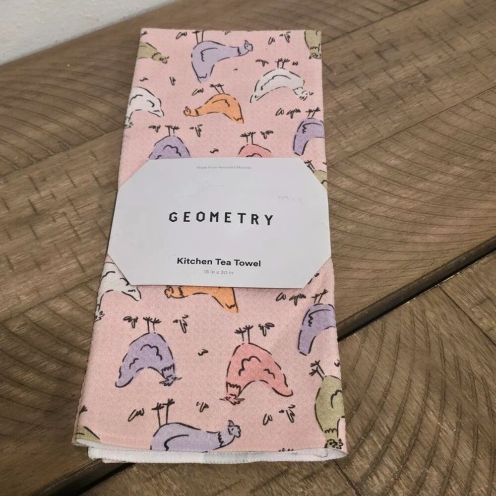 Geometry Kitchen Tea Towel Pink Chicken Hen Print 18x30 Recycled Material New